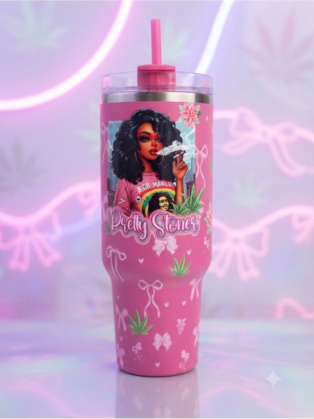 Custom made 40ozPretty Stoner Pink Tumbler with Straw